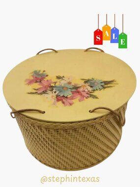 MCM Princess Large Yellow Wicker Sewing Box Retro Storage Box Pastel Floral